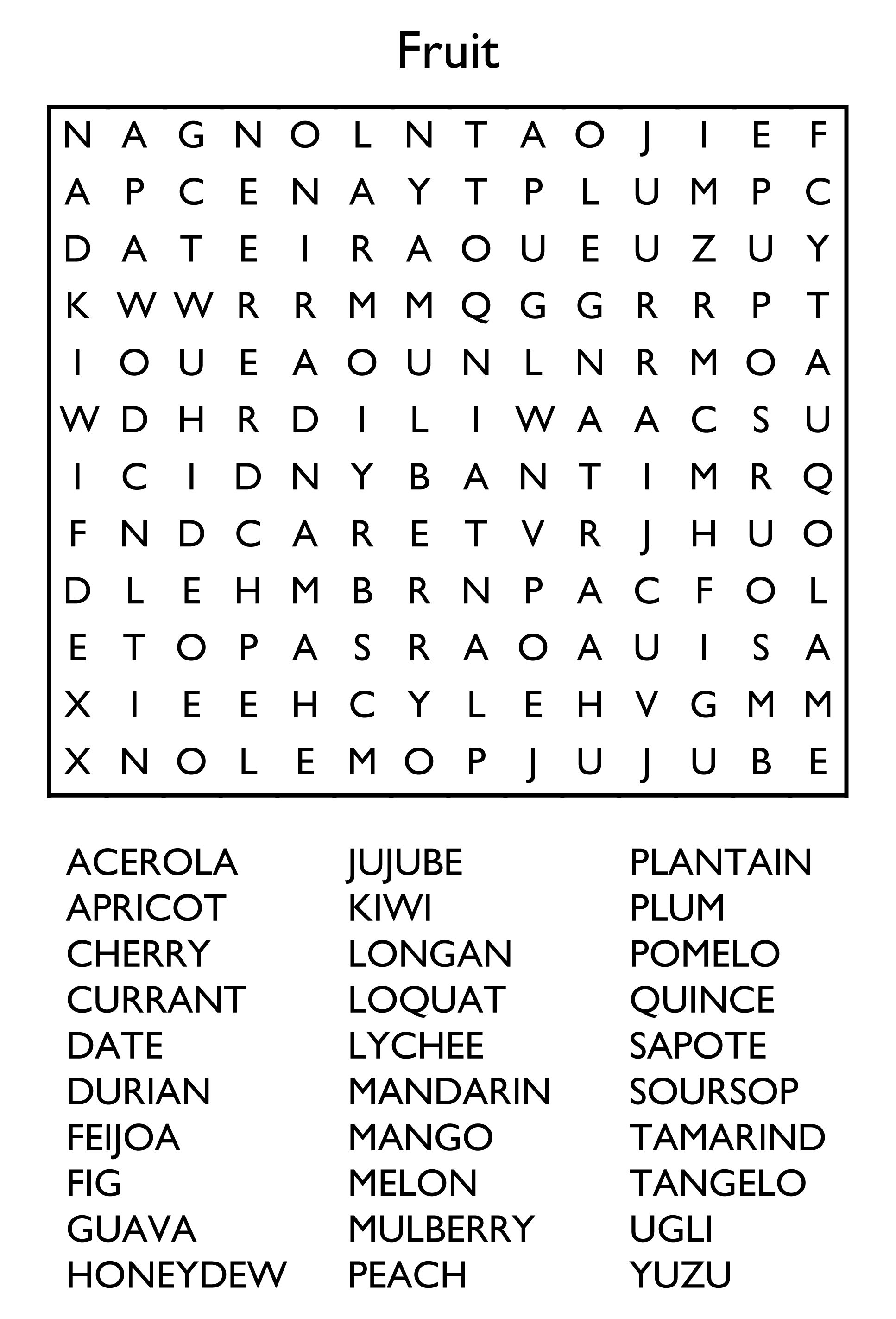 Fruit Word Search Puzzle