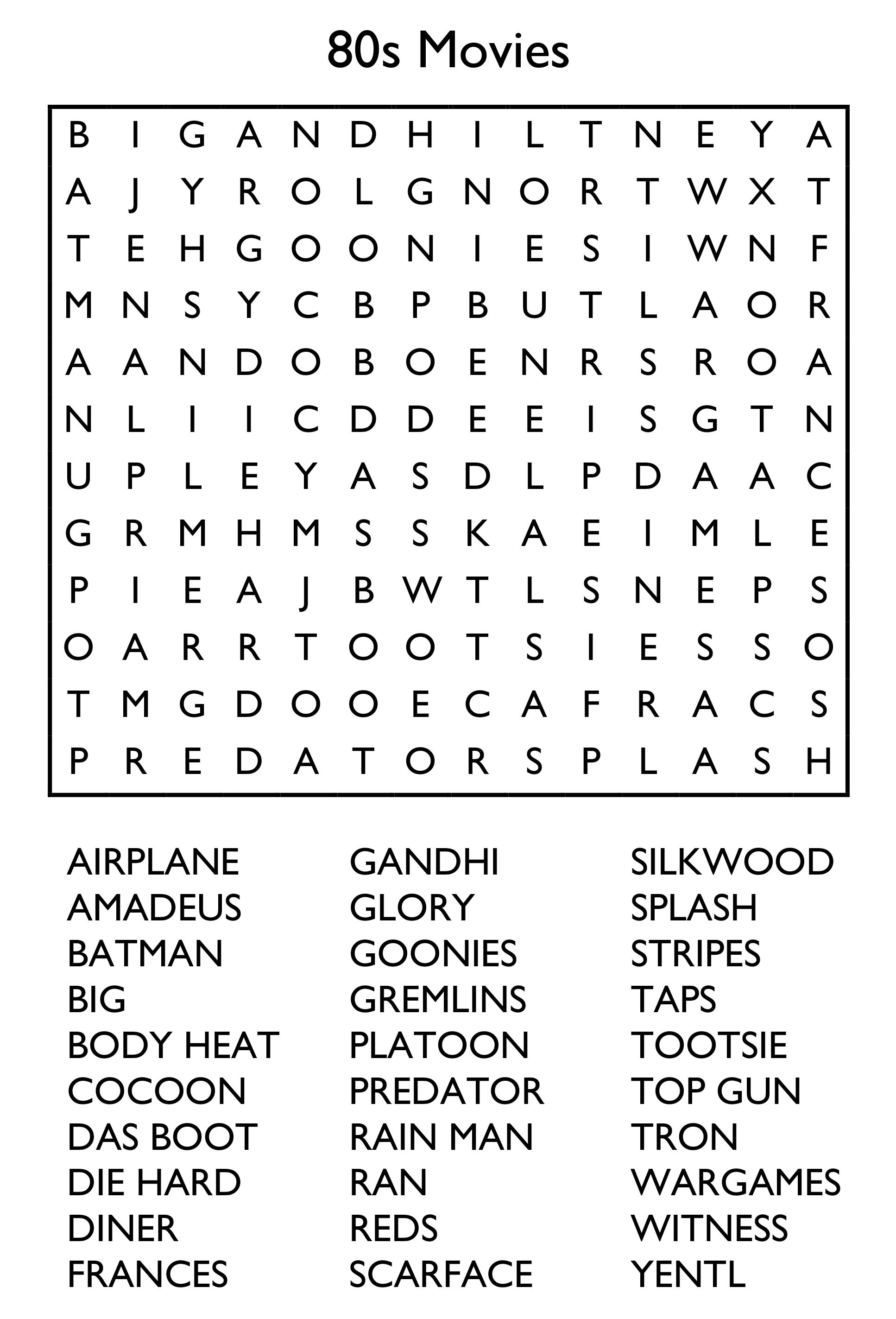 Free Printable Word Search - 80s Movies