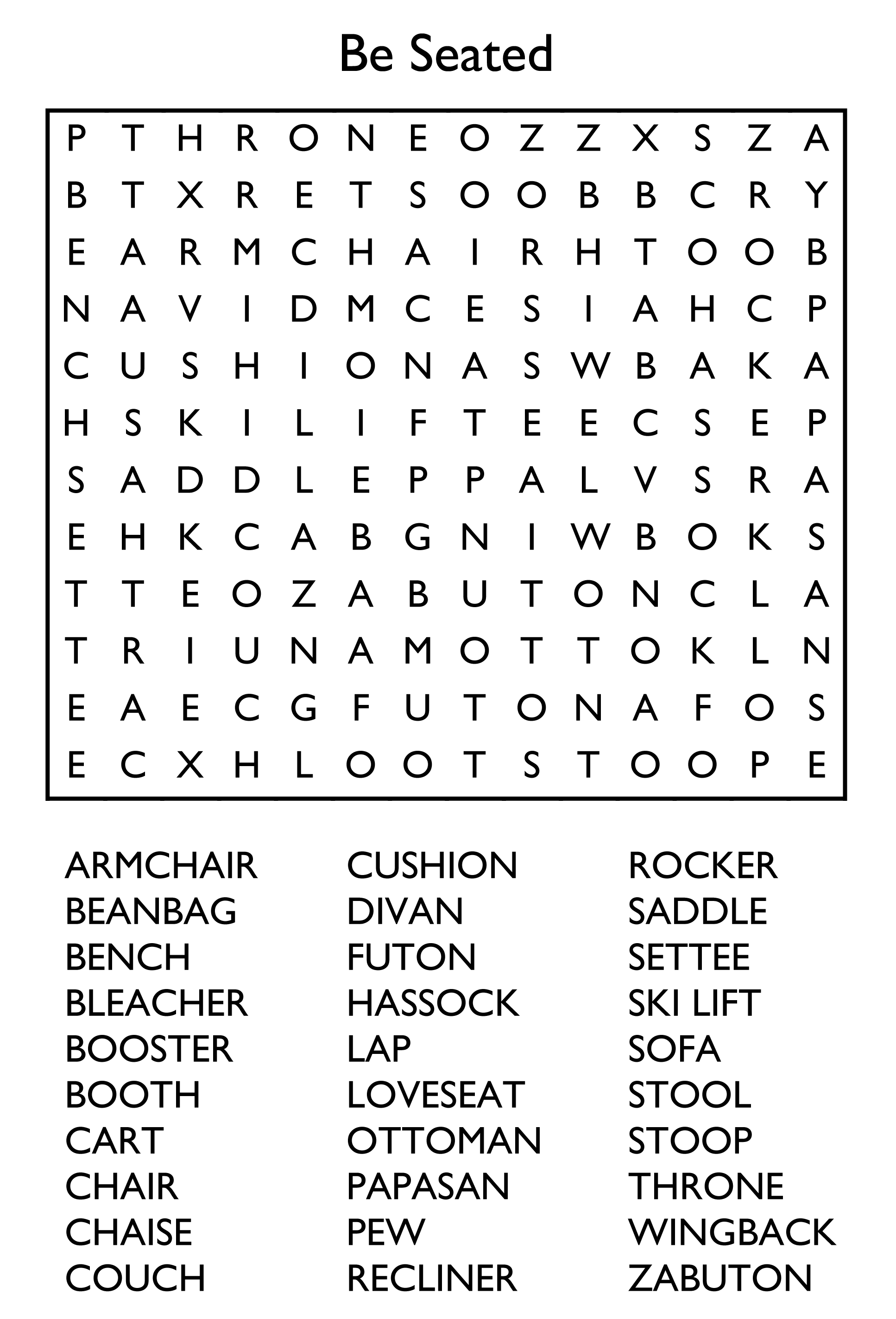 Free Printable Word Search Puzzle - Be Seated