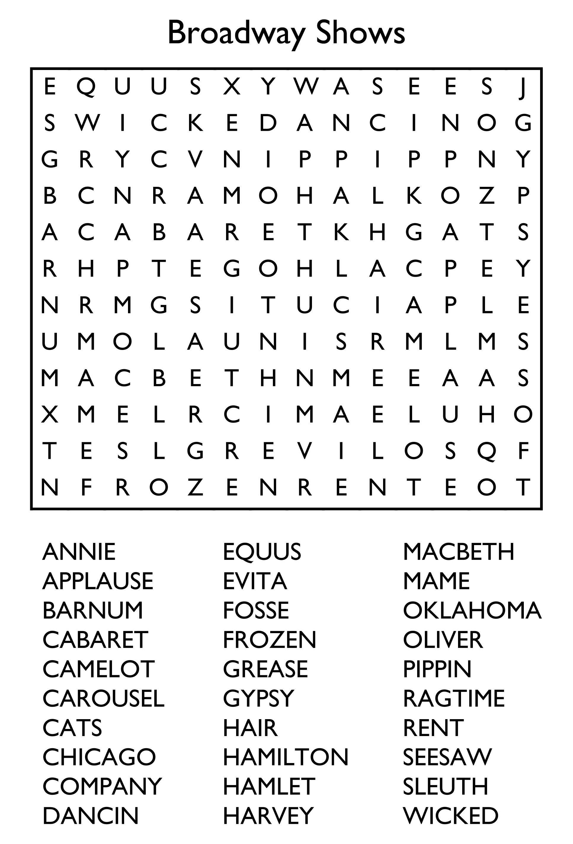 Free Printable Word Search Puzzles - Broadway Shows