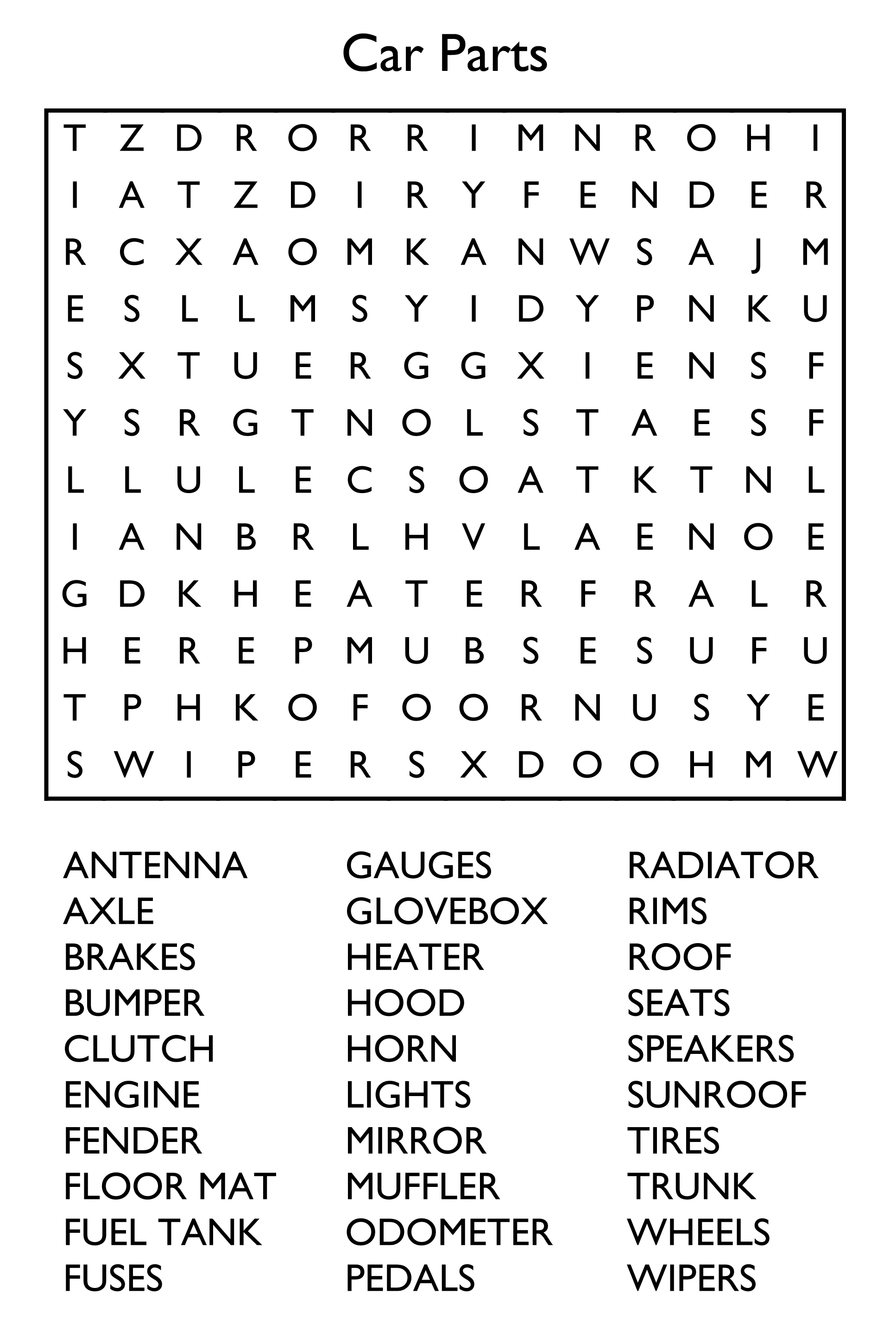 Free Printable Word Search Puzzle - Car Parts