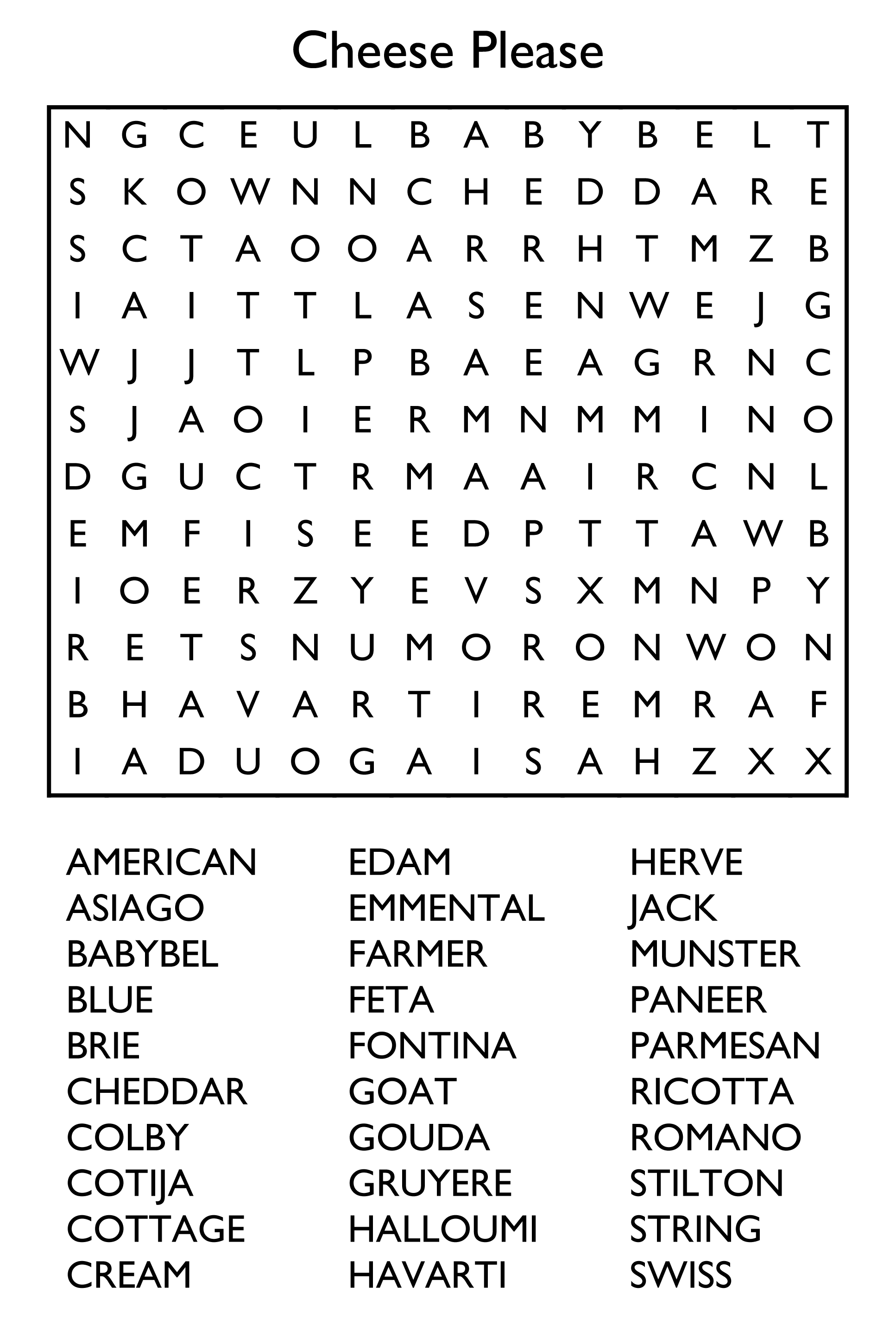 Free Printable Word Search Puzzles - Cheese