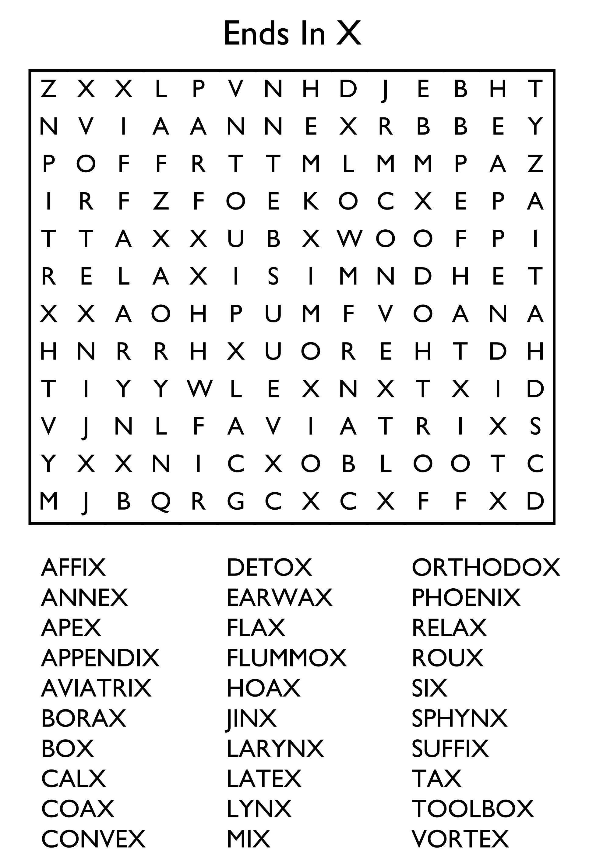 Free Printable Word Search Puzzle - Ends in X