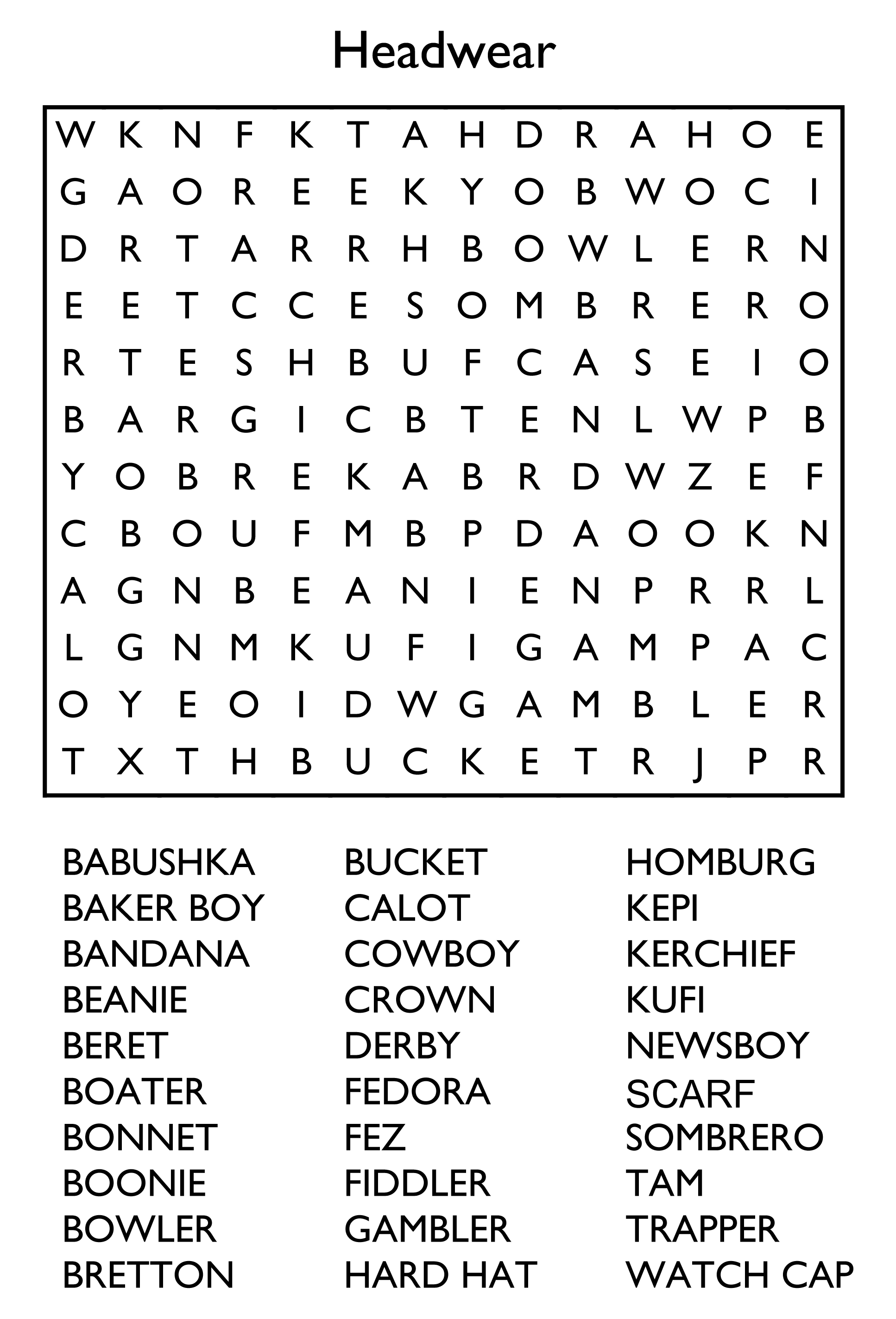 Free Printable Word Search Puzzle - Headwear
